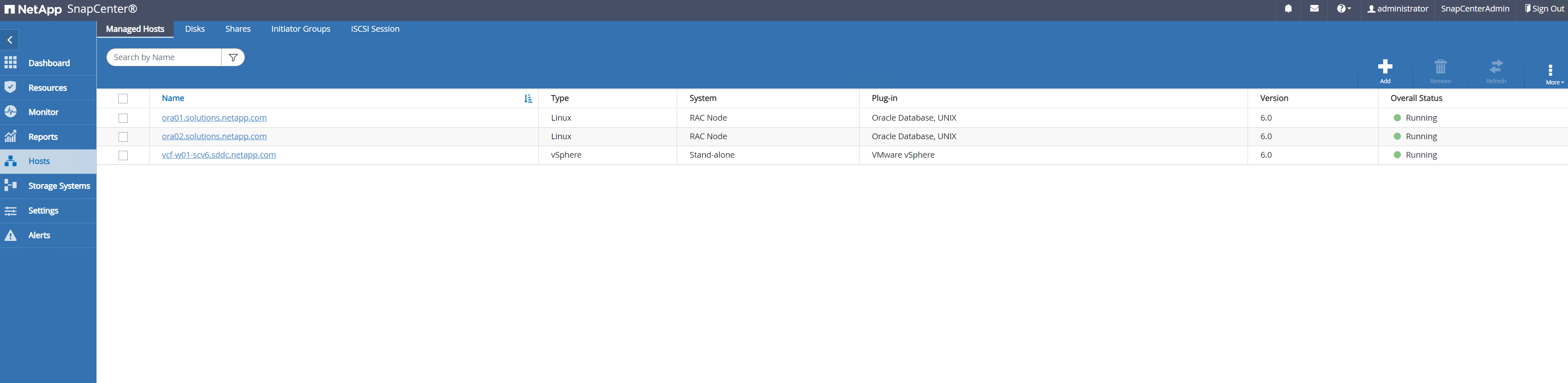 Captura de pantalla que muestra la configuración de SnapCenter.