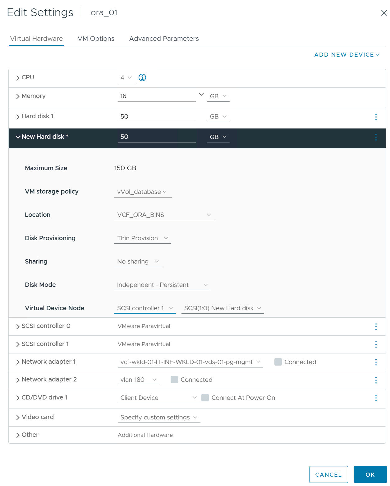 Captura de pantalla que muestra una configuración de almacenamiento de máquina virtual.