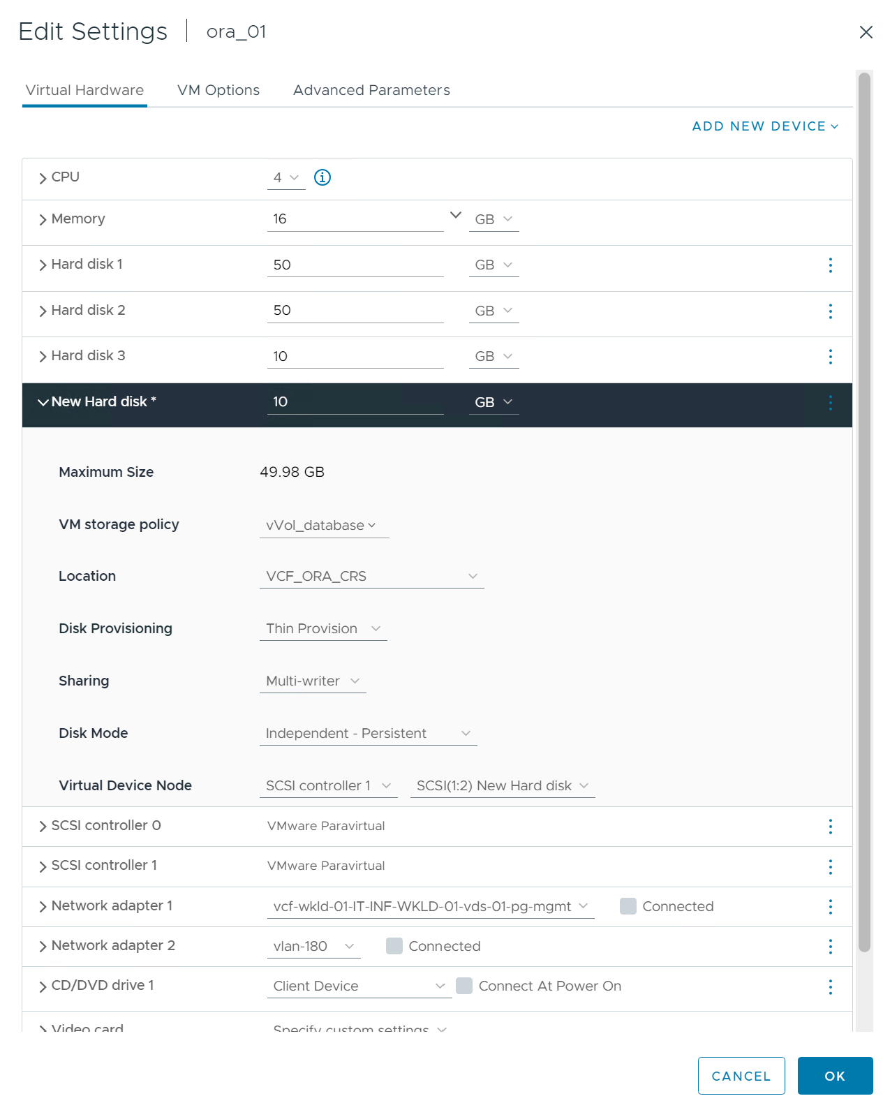 Captura de pantalla que muestra una configuración de almacenamiento de máquina virtual.