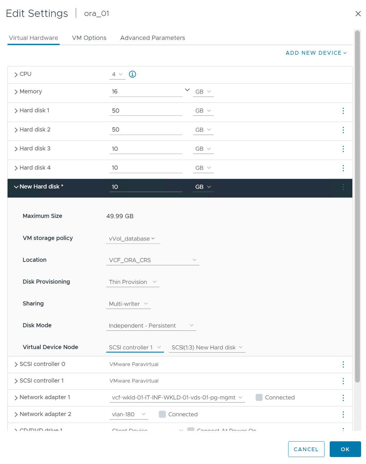 Captura de pantalla que muestra una configuración de almacenamiento de máquina virtual.