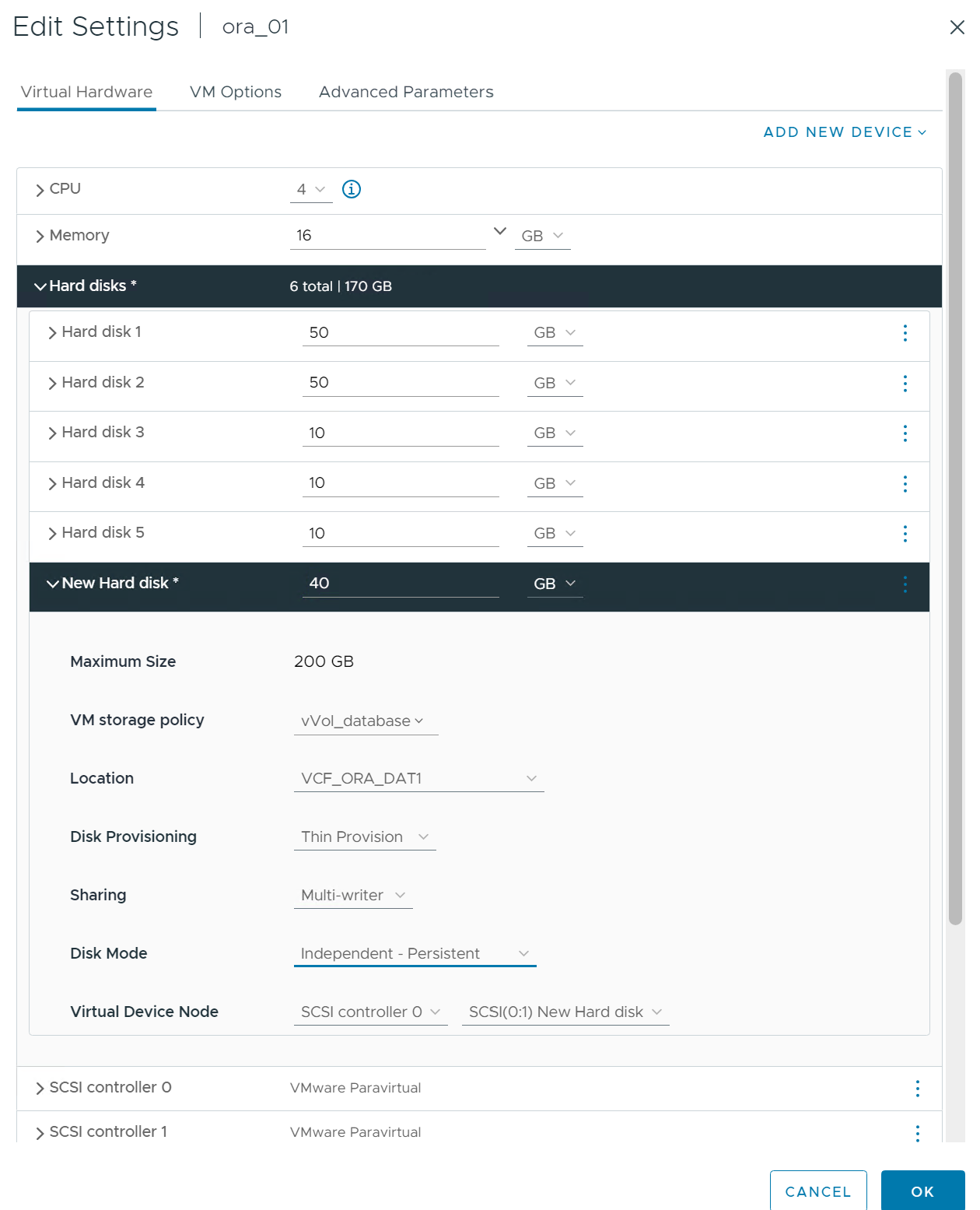 Captura de pantalla que muestra una configuración de almacenamiento de máquina virtual.