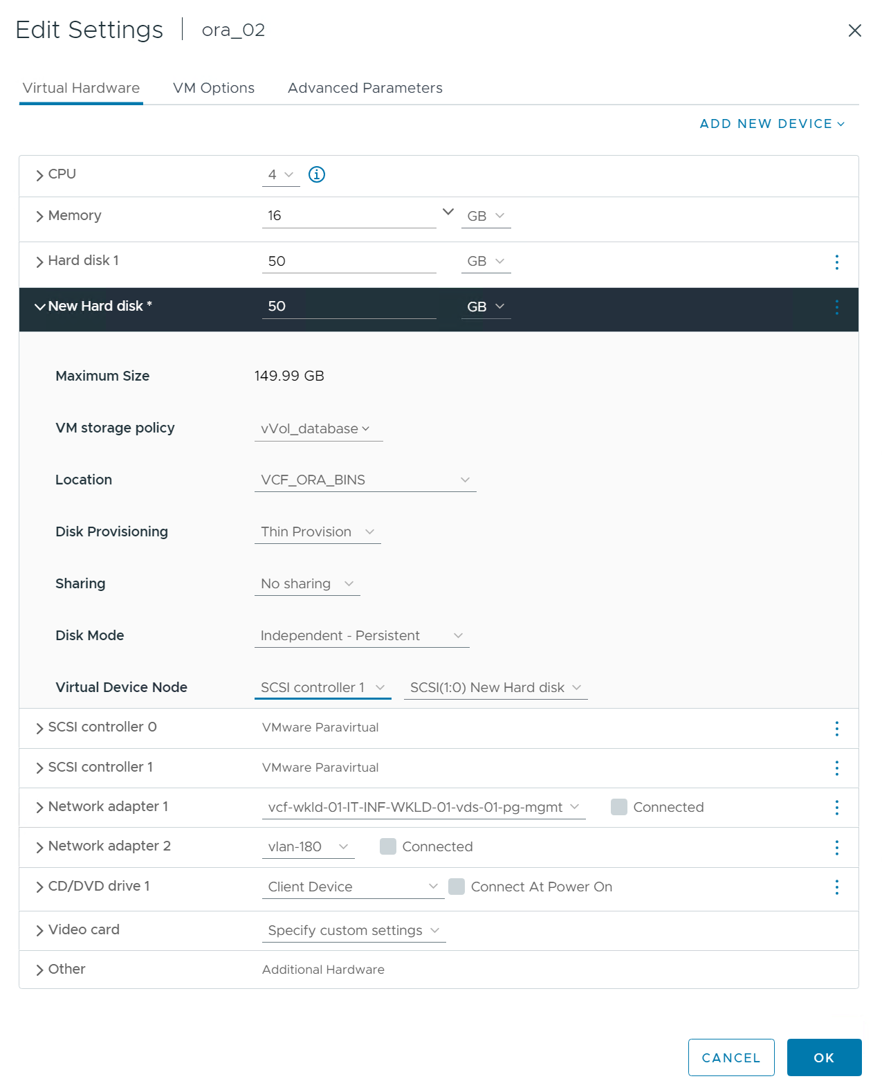 Captura de pantalla que muestra una configuración de almacenamiento de máquina virtual.