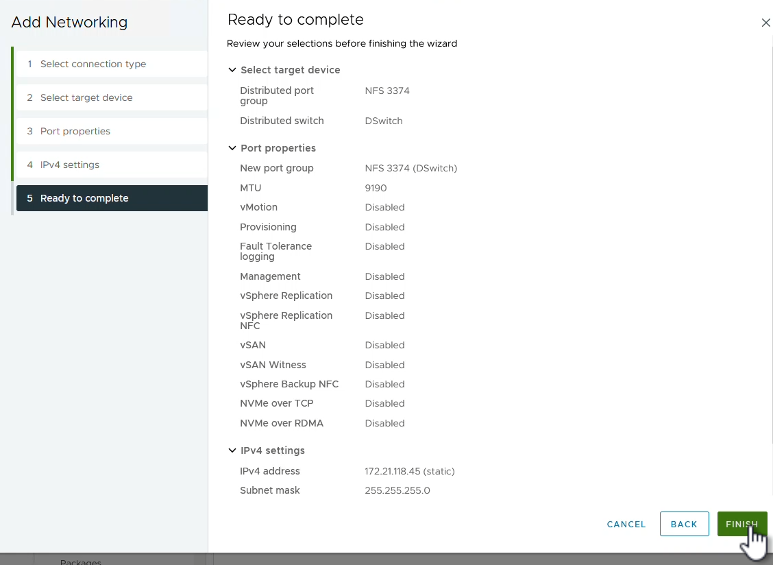 Revise las selecciones de VMkernel