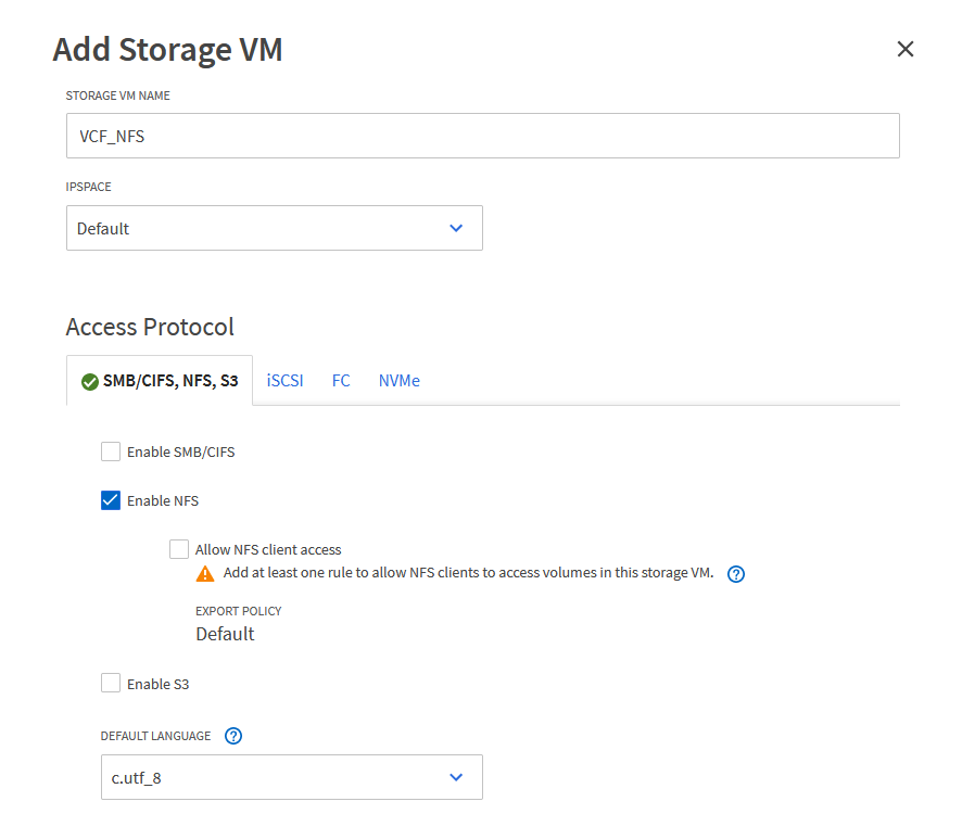 Asistente Add storage VM: Habilite NFS