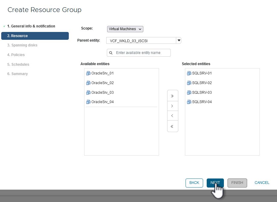 Seleccione los recursos que desea realizar el backup