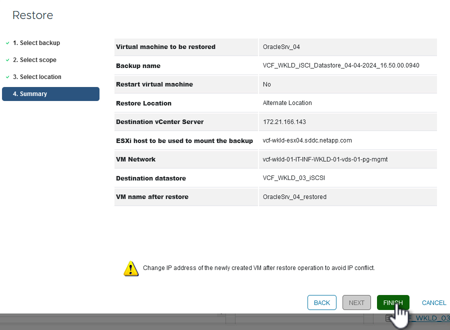 Haga clic en Finalizar para iniciar el trabajo de restauración