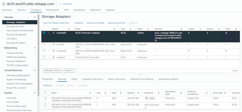 Lista de dispositivos iSCSI en el host de vSphere