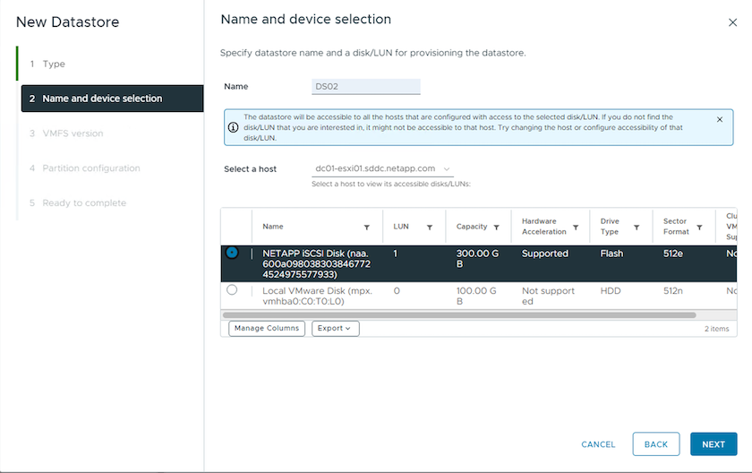 Creación del almacén de datos en el dispositivo iSCSI