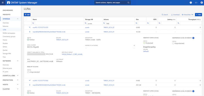 Información de LUN de VVol con System Manager