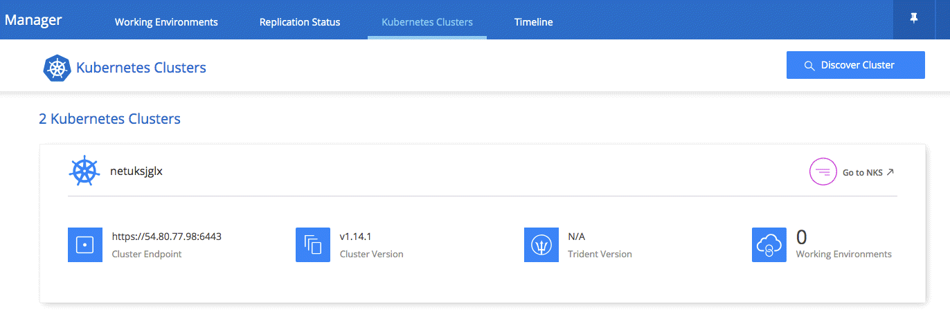 Esta captura de pantalla muestra un clúster de Kubernetes en la página Kubernetes Clusters de Cloud Manager.
