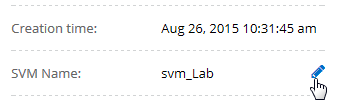Screen shot: Muestra el campo SVM Name y el icono de edición en el que debe hacer clic para modificar el nombre de la SVM.
