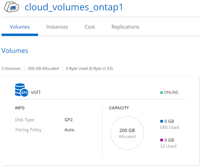 Captura de pantalla: Entorno de trabajo de Cloud Volumes ONTAP, que muestra almacenamiento Cloud Volumes ONTAP.