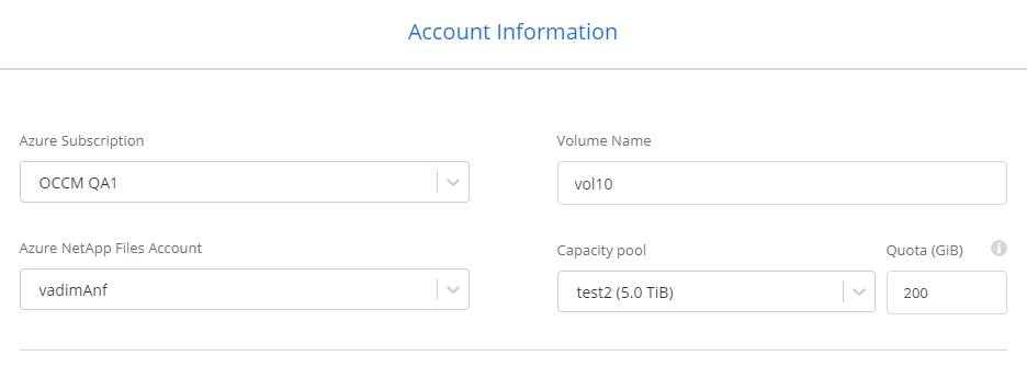 Captura de pantalla de la página Información de la cuenta para un nuevo volumen Azure NetApp Files.
