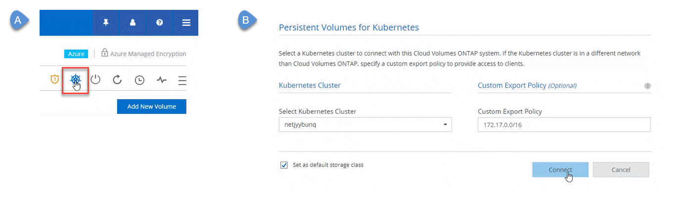 Una captura de pantalla que muestra el icono de Kubernetes dentro y el entorno de trabajo de Cloud Volumes ONTAP, así como la página siguiente, que le permite seleccionar un clúster de Kubernetes y, a continuación, hacer clic en Connect.