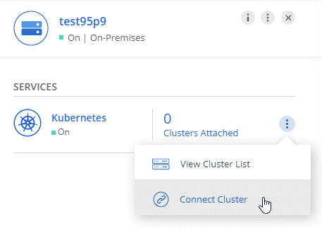Una captura de pantalla de la página entornos de trabajo, un sistema ONTAP en las instalaciones y el botón Connect for Kubernetes. Este botón está disponible después de seleccionar el entorno de trabajo.