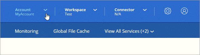 Captura de pantalla que muestra la opción Configuración de la cuenta en el banner superior de Cloud Manager.