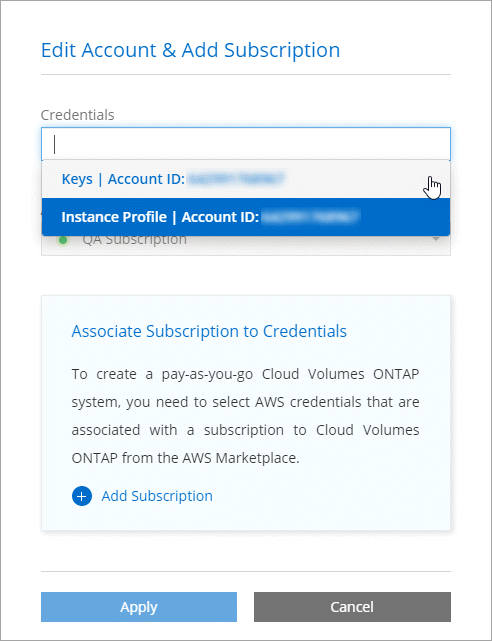 Captura de pantalla que muestra cómo seleccionar entre cuentas de proveedores de cloud tras hacer clic en Switch Account en la página Details  Credentials.