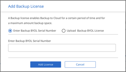 Captura de pantalla que muestra la página para añadir la licencia de copia de seguridad BYOL.