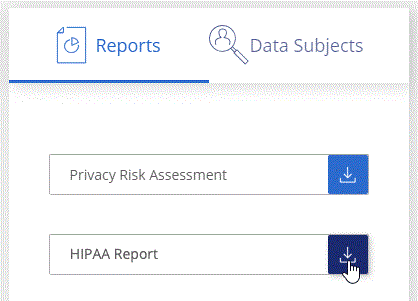 Captura de pantalla de la ficha cumplimiento de normativas de Cloud Manager que muestra el panel Informes en el que puede hacer clic en HIPAA.