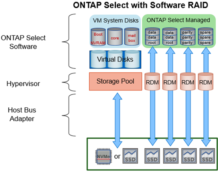 RAID de software de ONTAP Select: Utiliza discos virtualizados y RDM