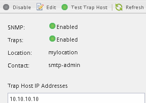 Esta imagen muestra la parte de la pantalla de configuración de SNMP que muestra el estado de habilitación de SNMP y el estado de habilitación de capturas.