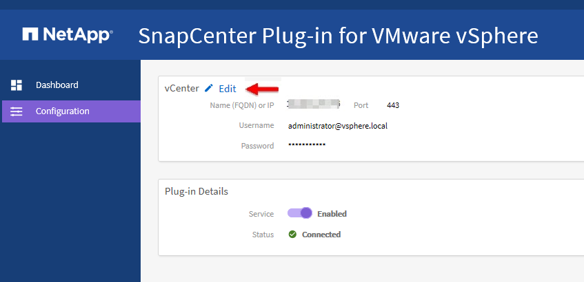 GUI de gestión del plugin de VMware de SnapCenter