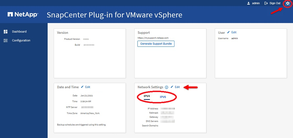 GUI de gestión del plugin de VMware de SnapCenter