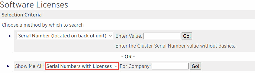 Una captura de pantalla de la interfaz de usuario de selección de licencias con el número de serie y el menú desplegable de licencias resaltado.