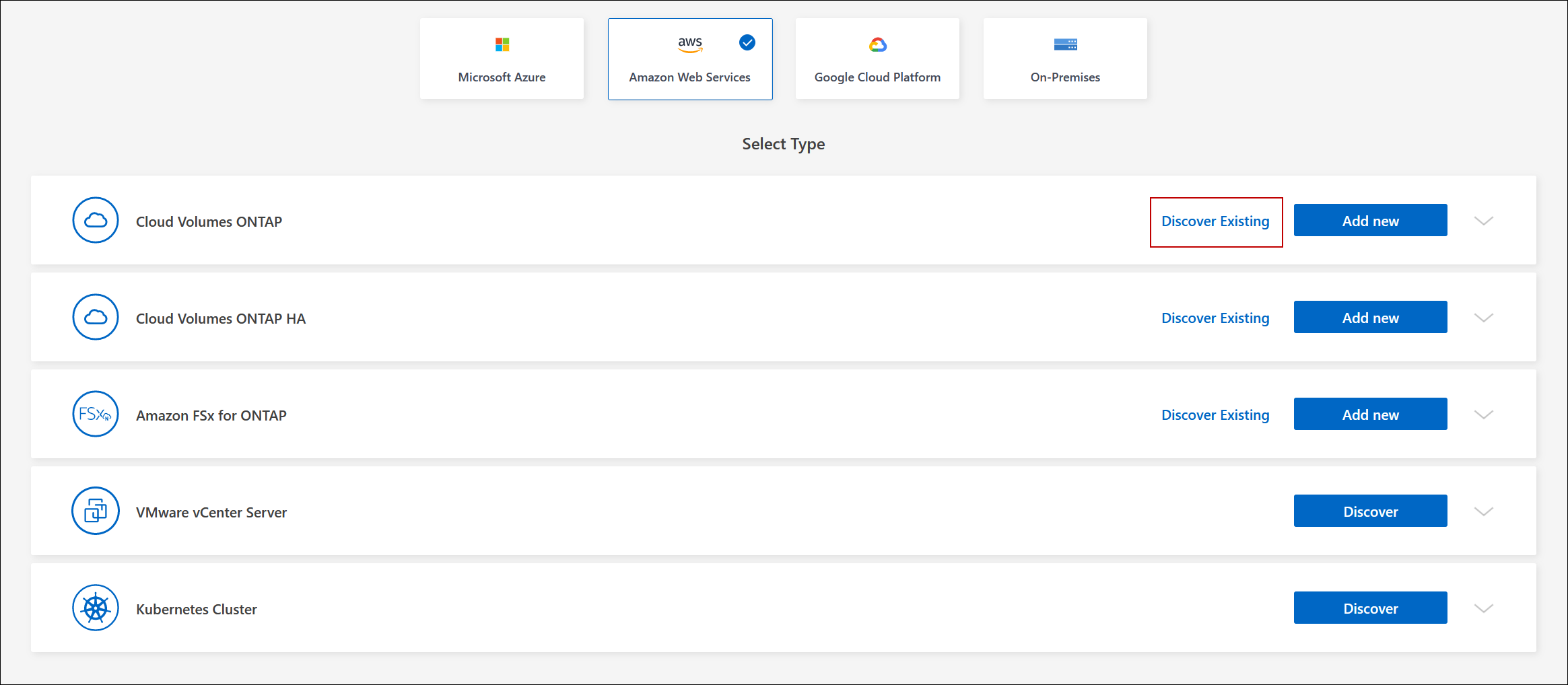 Una captura de pantalla que muestra un enlace para descubrir un sistema Cloud Volumes ONTAP existente.