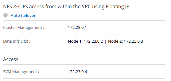 Una captura de pantalla que muestra las direcciones IP flotantes para la interfaz de administración del clúster, dos interfaces de datos NFS y CIFS y la interfaz de administración SVM.