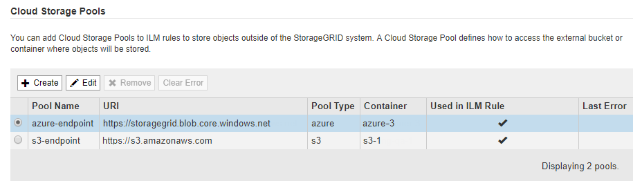 El pool de almacenamiento en cloud utilizado en la regla de ILM