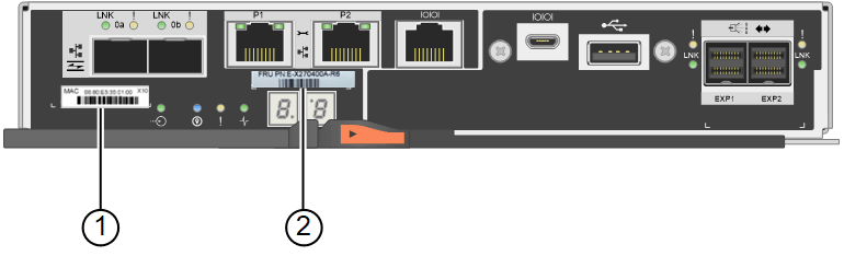 Etiquetas MAC y FRU en la controladora E2800
