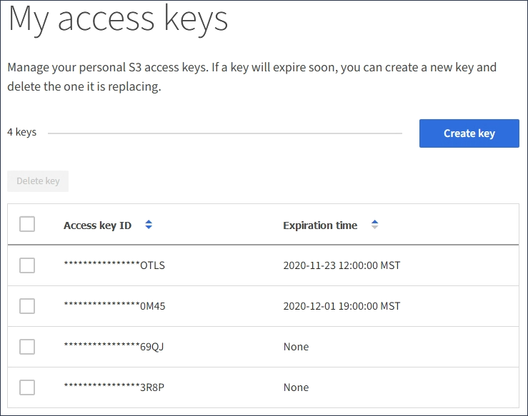 Lista de claves de acceso