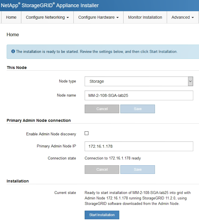 Captura de pantalla de la parte superior de la página de inicio de StorageGRID Webscale Appliance Installer