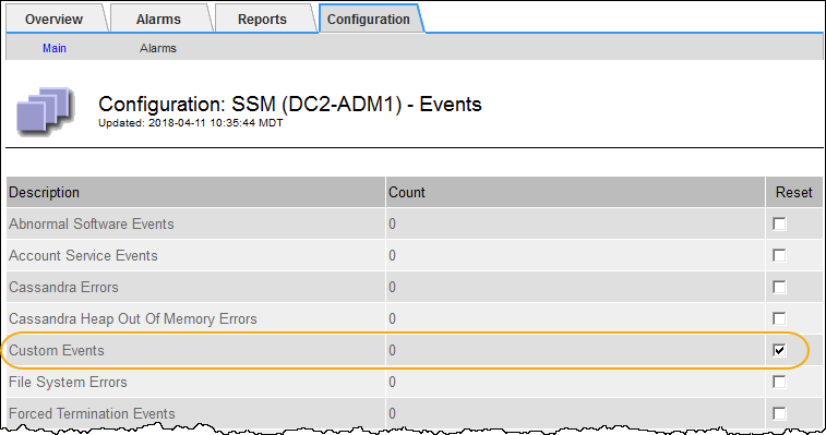 Captura de pantalla en SSM > Eventos > Configuración > Principal