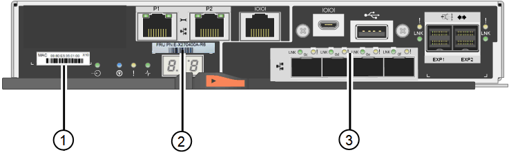 Etiquetas MAC y FRU en la controladora E2800A