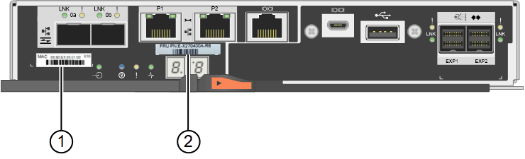 Etiquetas MAC y FRU en la controladora E2800A