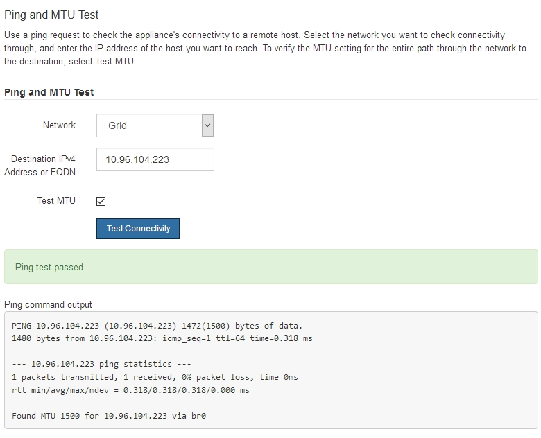 Captura de pantalla de los resultados de la prueba de ping en el instalador de dispositivos de StorageGRID Webscale