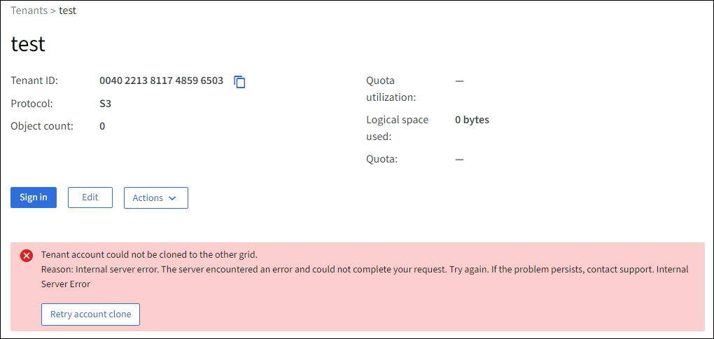 Captura de pantalla que muestra un mensaje de error y el botón Reintentar clon de cuenta