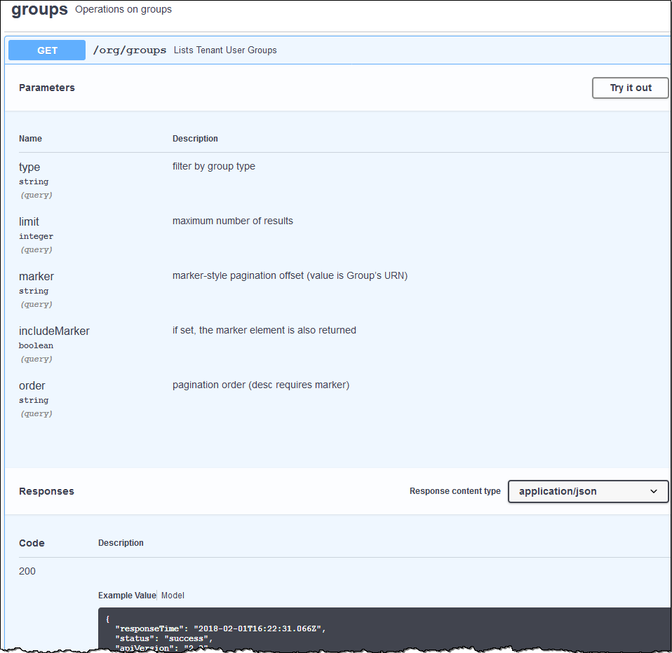 Ejemplo que muestra la operación GET groups en la API de Swagger