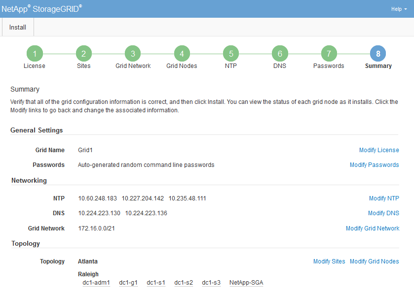 Página de resumen del instalador de Grid Manager