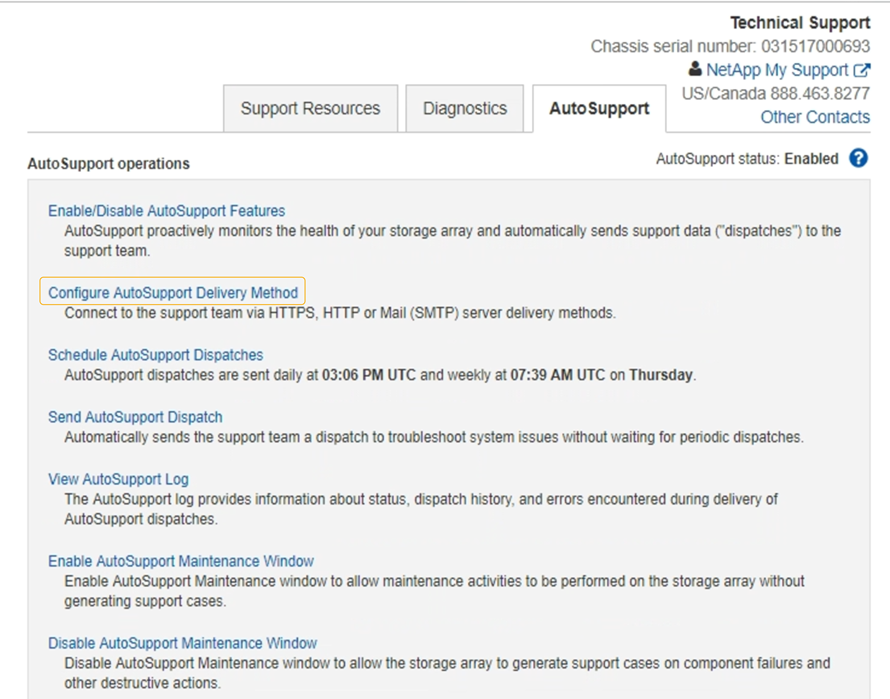 Operaciones de AutoSupport SANtricity AutoSupport