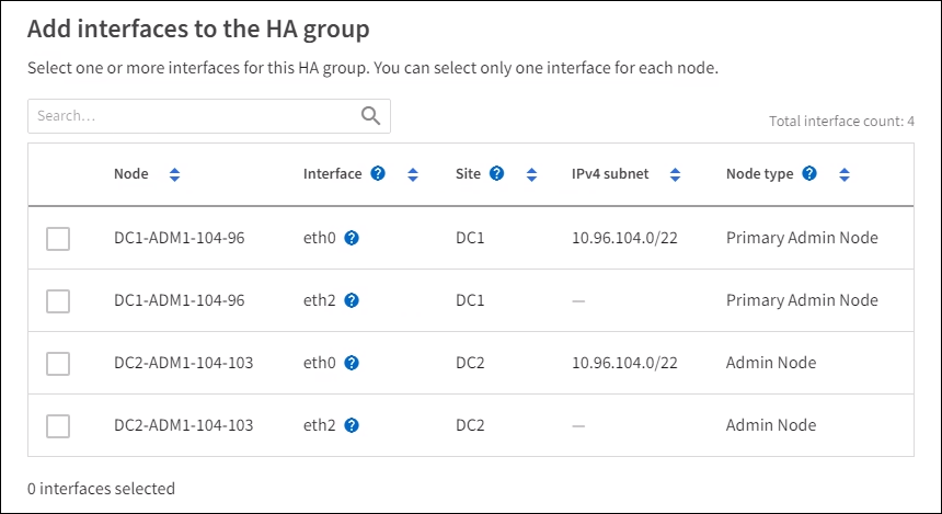 Interfaces de adición de grupos de ALTA DISPONIBILIDAD