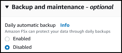 Captura de pantalla de la consola de AWS desactivando el backup automático.