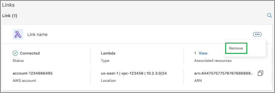 Una captura de pantalla que muestra cómo eliminar un enlace de Workload Factory.