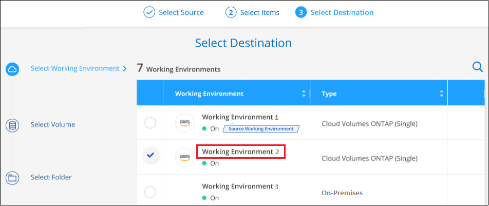 Capture d'écran indiquant la sélection de l'environnement de travail de destination pour les éléments à restaurer.