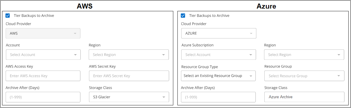 Copie d'écran des informations dont vous avez besoin pour archiver les fichiers de sauvegarde depuis StorageGRID vers AWS S3 ou Azure Blob.