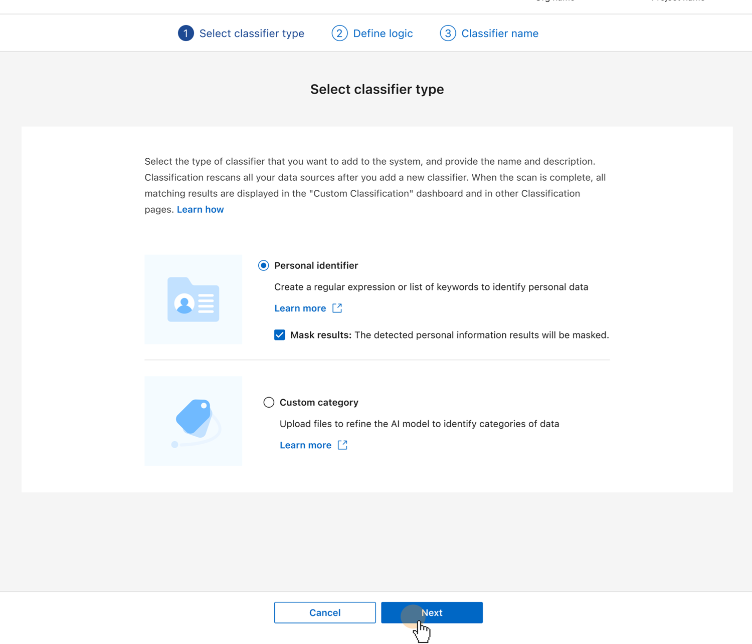 Capture d'écran du choix du type de classificateur.
