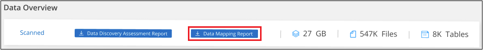 Capture d'écran du tableau de bord de gouvernance qui montre comment lancer le rapport de mappage de données.