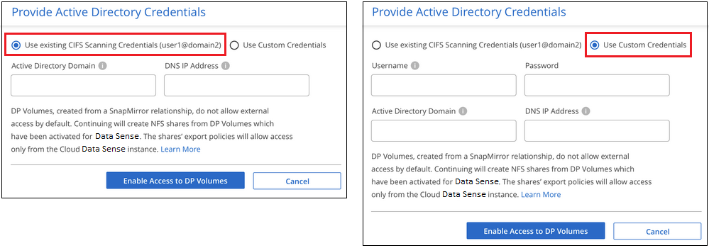 Capture d'écran des deux options d'activation des volumes de protection des données CIFS.
